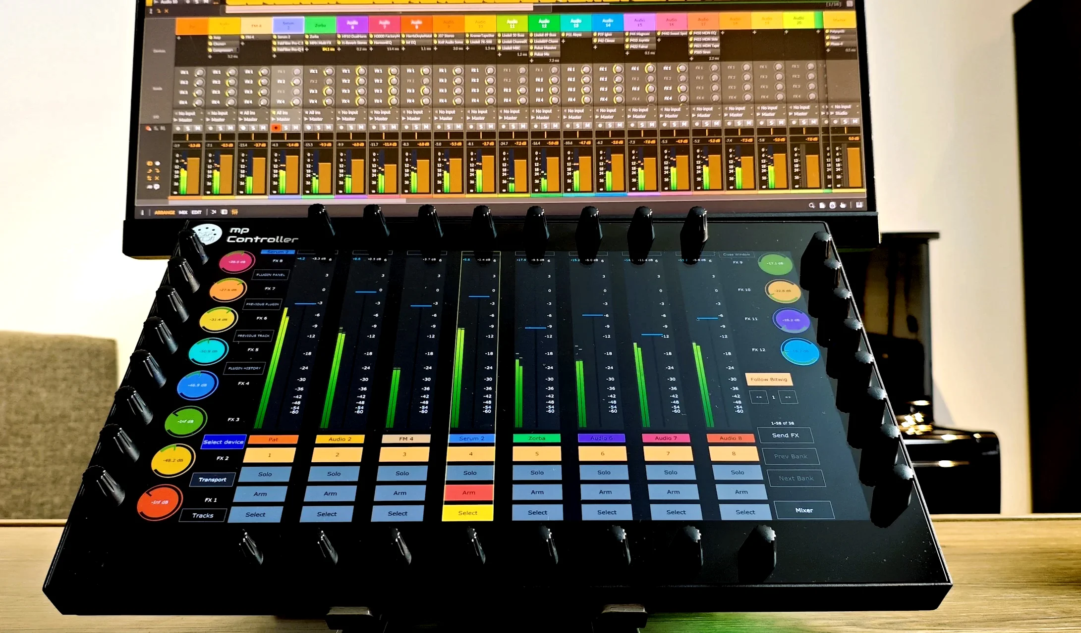 MP Controller controlling the Bitwig Studio mixer with 8 touch faders