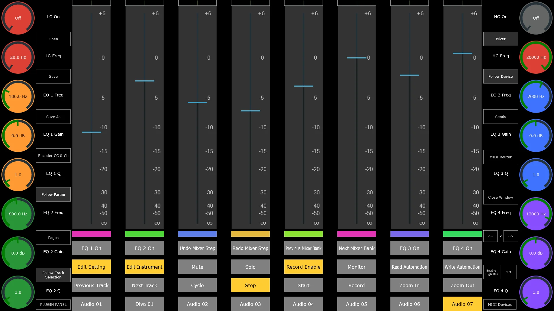 MP Controller showing the Cubase mix console and EQ