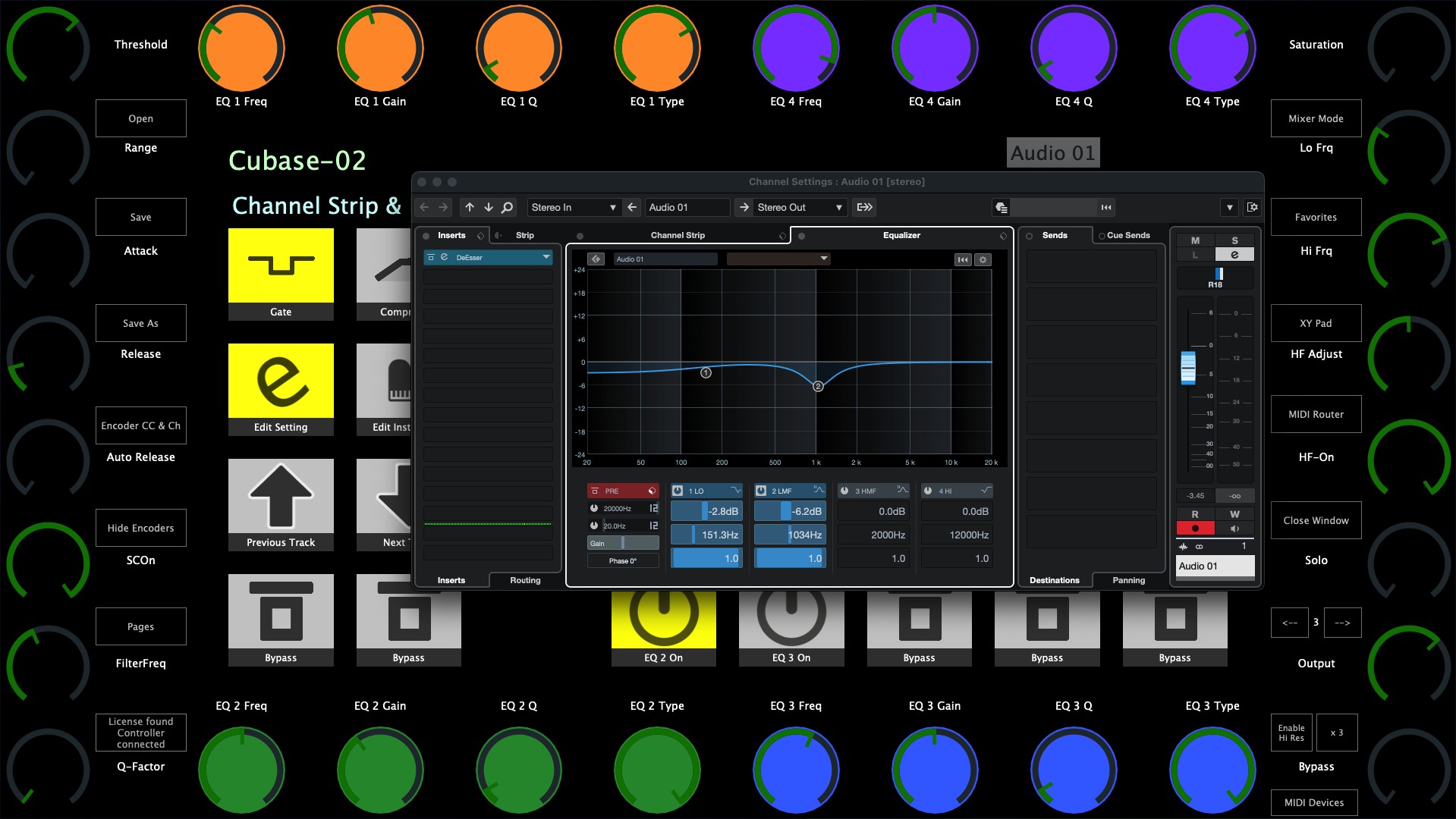 MP Controller controlling the Cubase channel strip and EQ