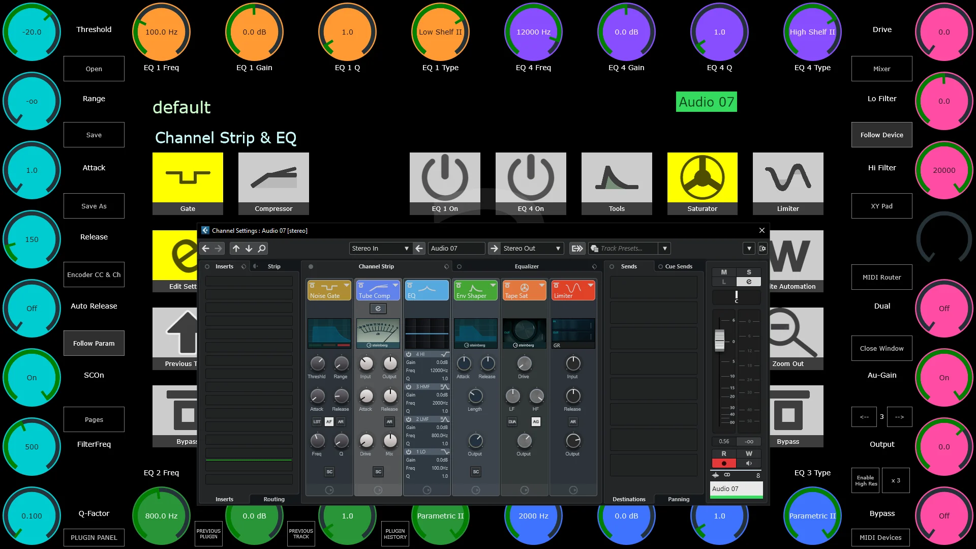 MP Controller controlling the Cubase channel strip and EQ