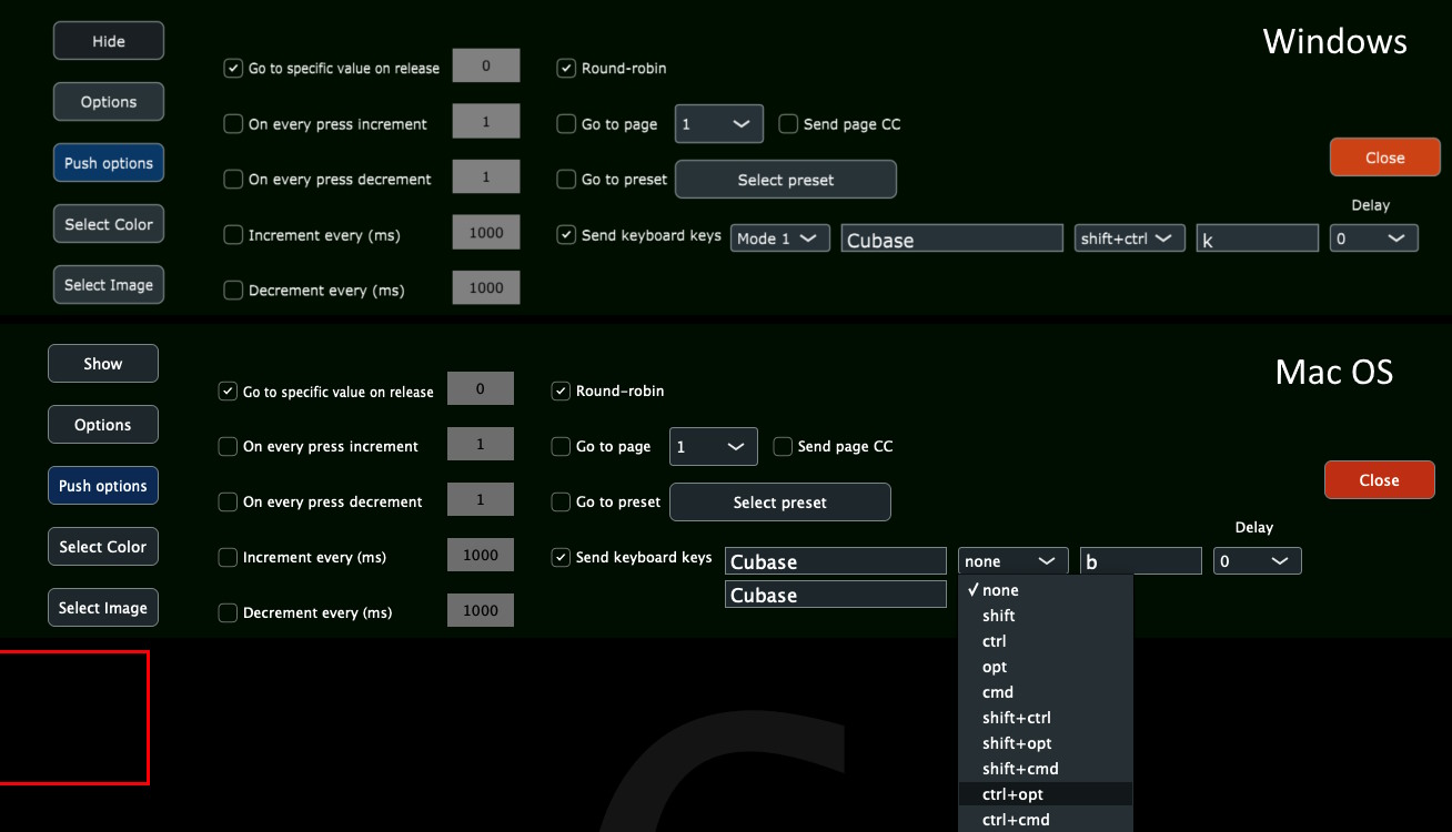 MP Controller touch buttons configured to send keyboard shortcuts to Cubase