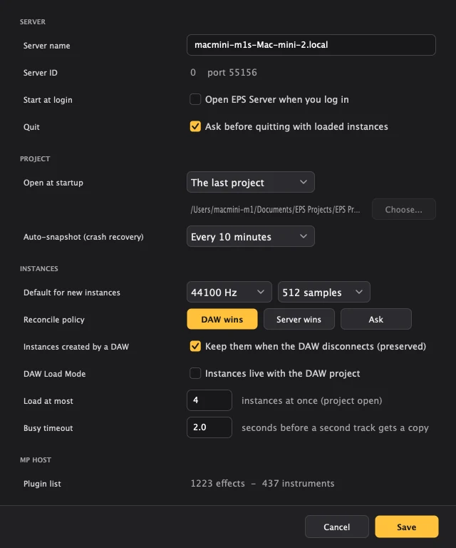 EPS Server settings window with Server, Project, Instances and MP Host sections, including open at startup, auto-snapshot, reconcile policy, DAW Load Mode, load at most and busy timeout