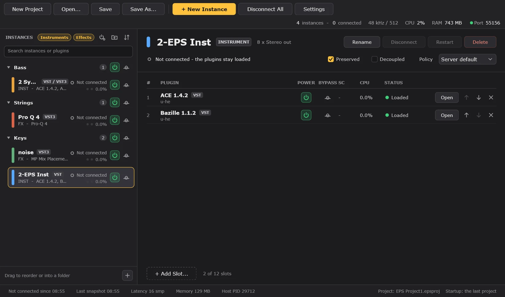 EPS Server window with instances grouped in Bass, Strings and Keys folders on the left, and the selected instrument instance on the right hosting two plugin slots with power, bypass, CPU and status columns