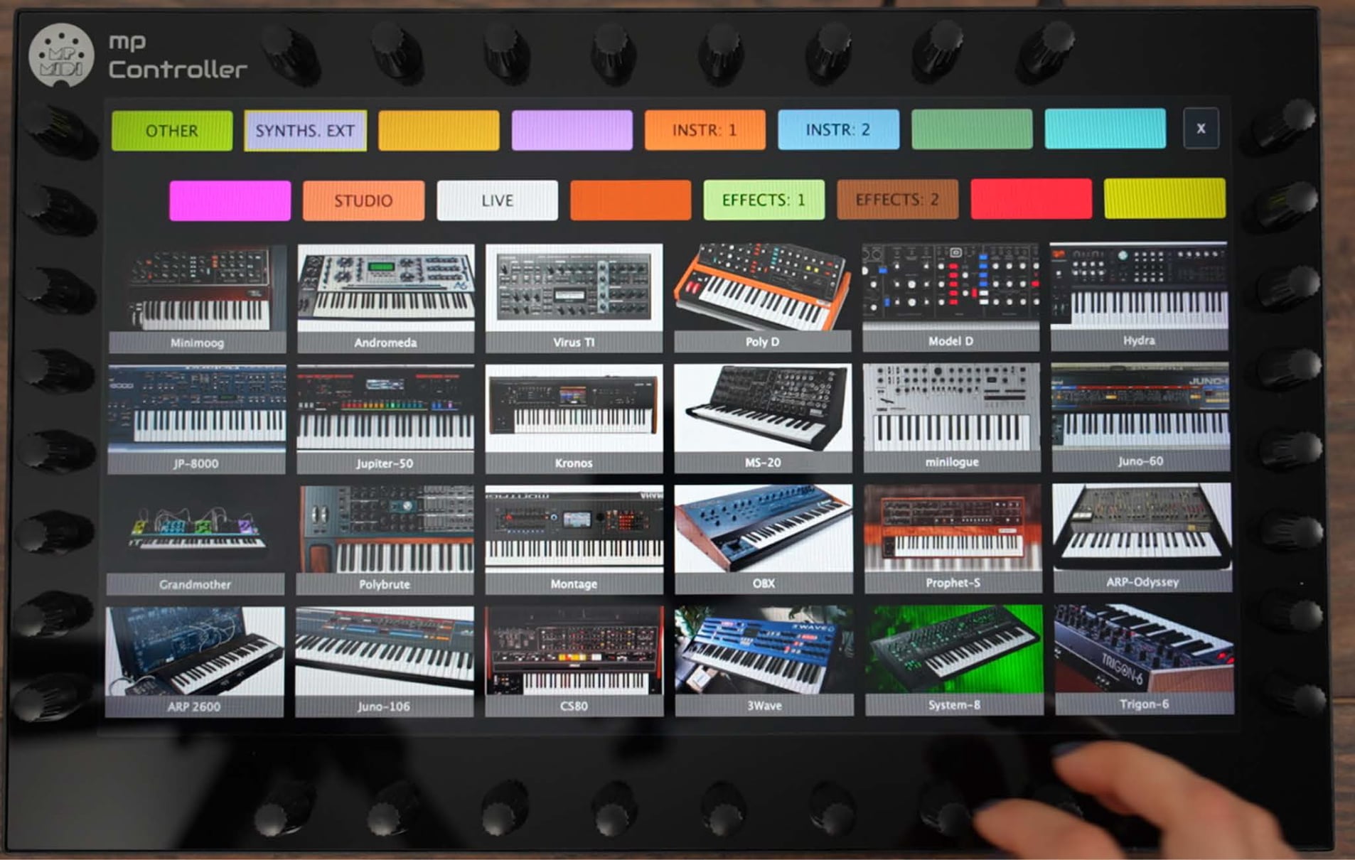 Instant plugin switching on the MP Controller touchscreen in Pro Tools: a grid of hosted instruments and effects selectable by touch.