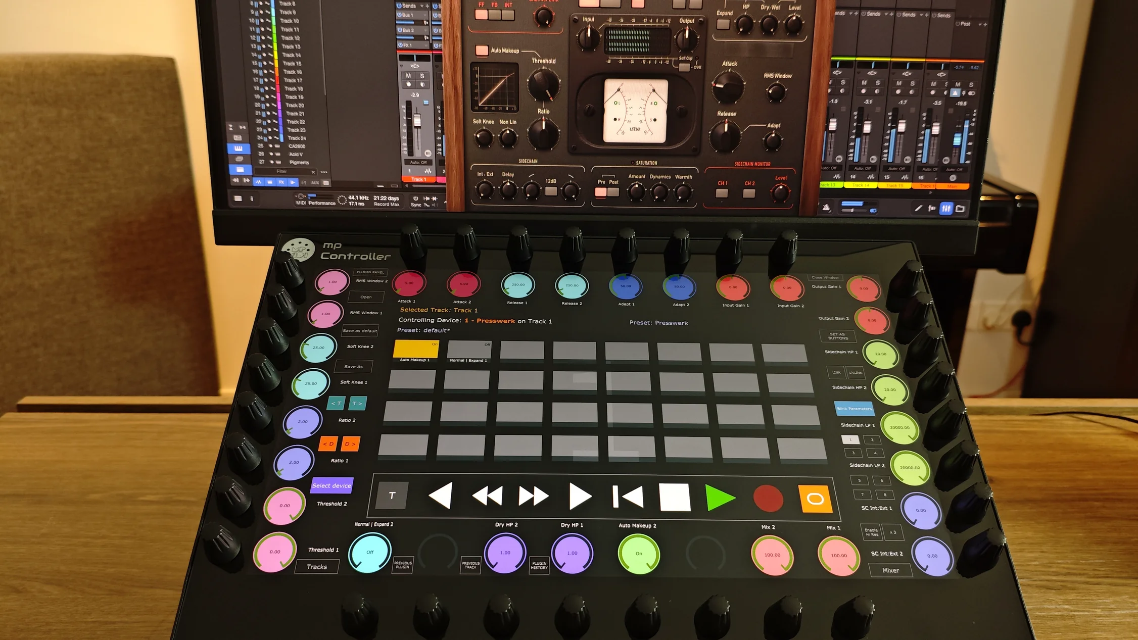 MP Controller touchscreen on a Studio One session