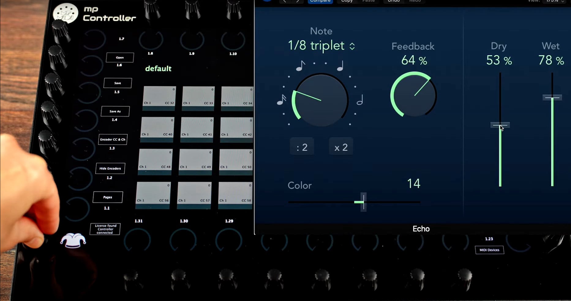 The MP Controller as an assignable MIDI controller: color-coded CC buttons and the Joker encoder controlling a plugin's parameters in real time.