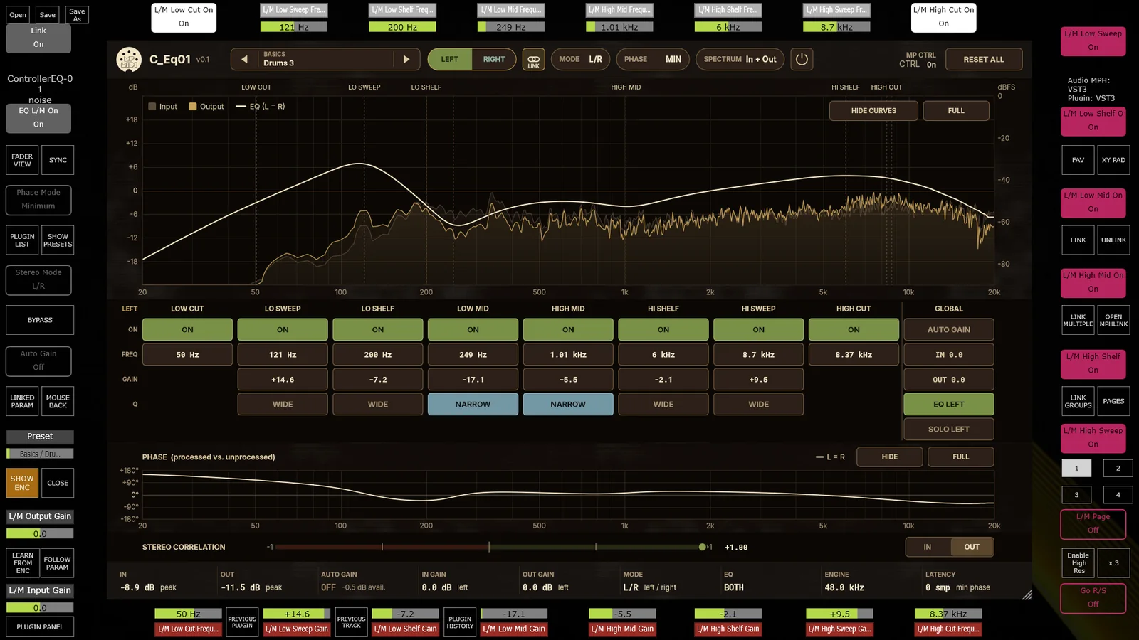Controller EQ-01 on the MP Controller touchscreen, with its band frequencies and gains shown above and below the plugin for the encoders