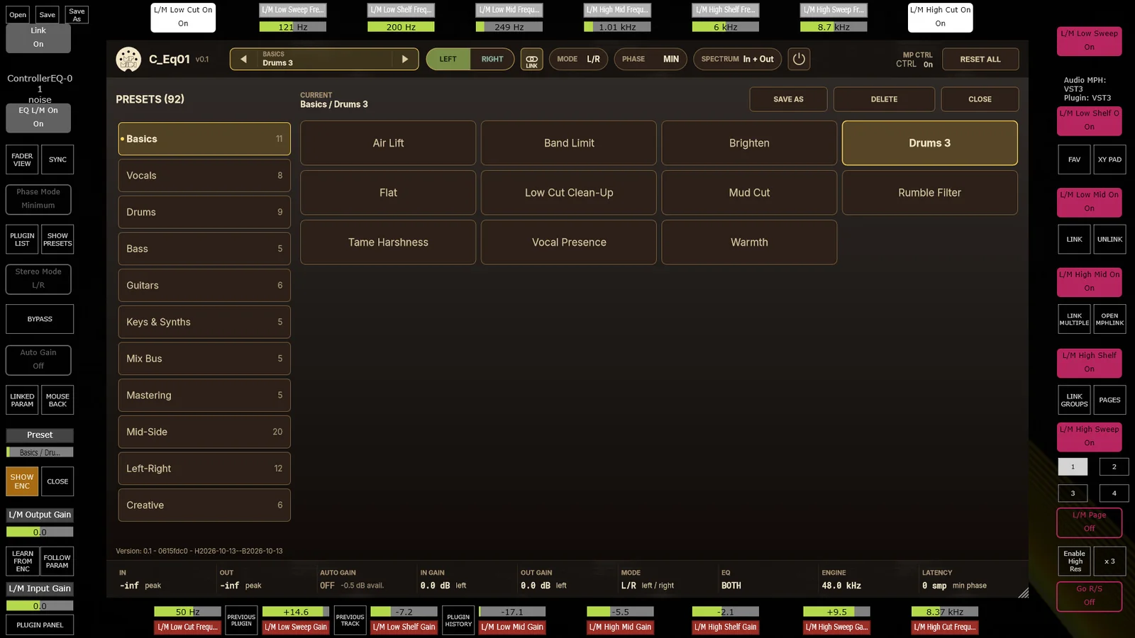Controller EQ-01 presets page on the MP Controller, with categories including Basics, Vocals, Drums, Bass, Guitars, Keys and Synths, Mix Bus, Mastering, Mid-Side, Left-Right and Creative