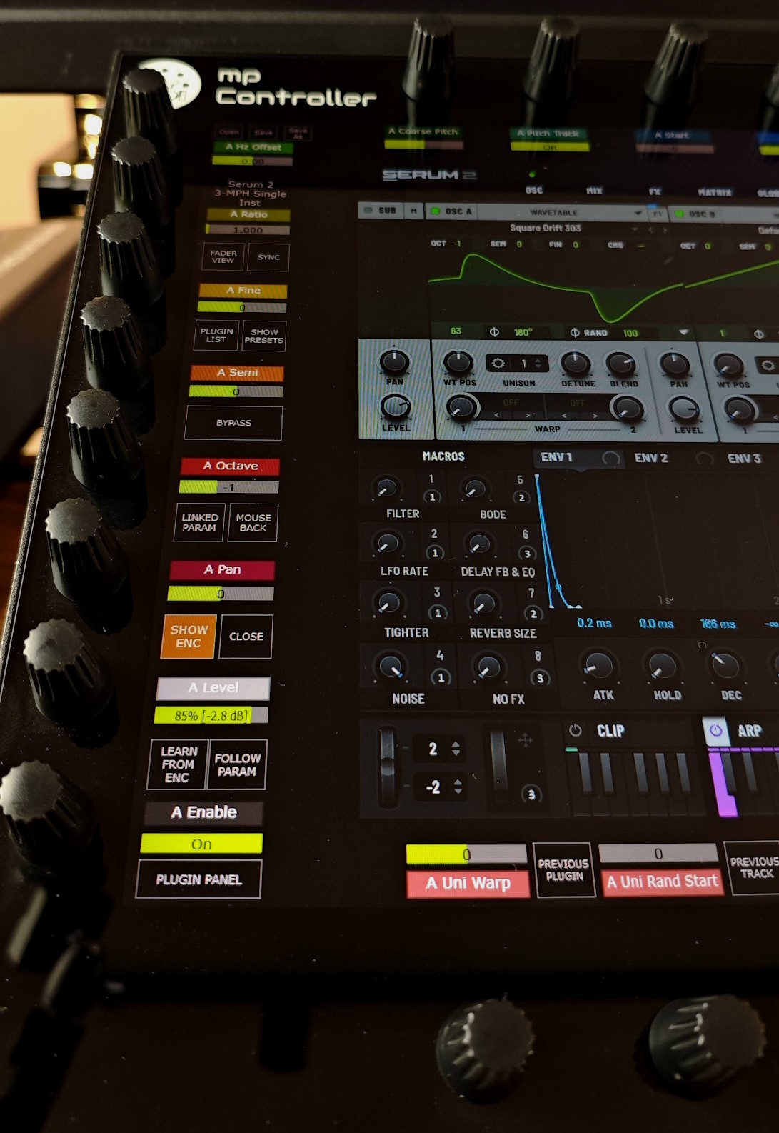 Serum 2's wavetable oscillator and filter shown on the MP Controller touchscreen during a sound-design session