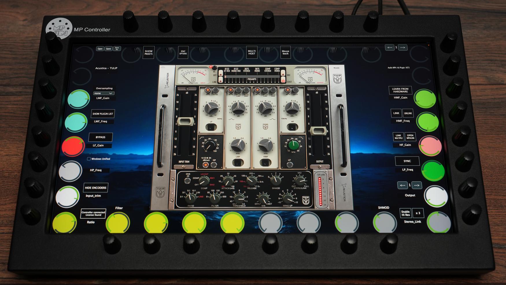 MP MIDI Controller with touchscreen interface showing plugin controls and 32 endless encoders