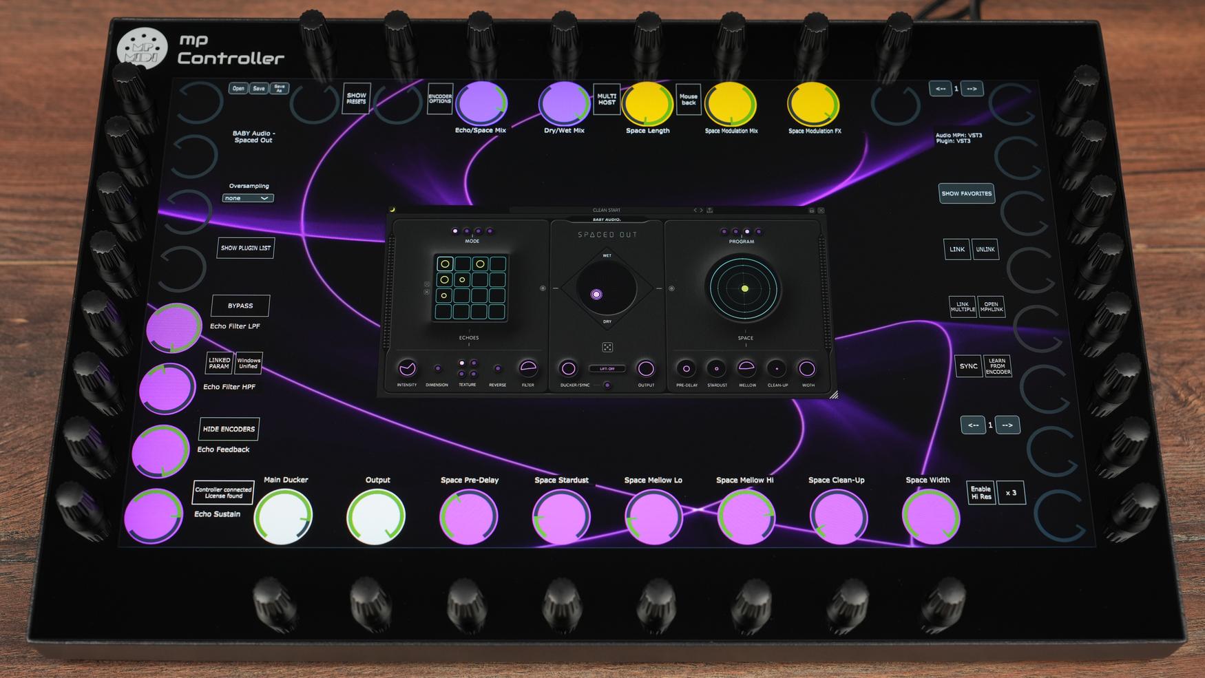 MP MIDI Controller with Baby Audio Smooth Operator plugin showing touchscreen interface and 32 high-quality encoders