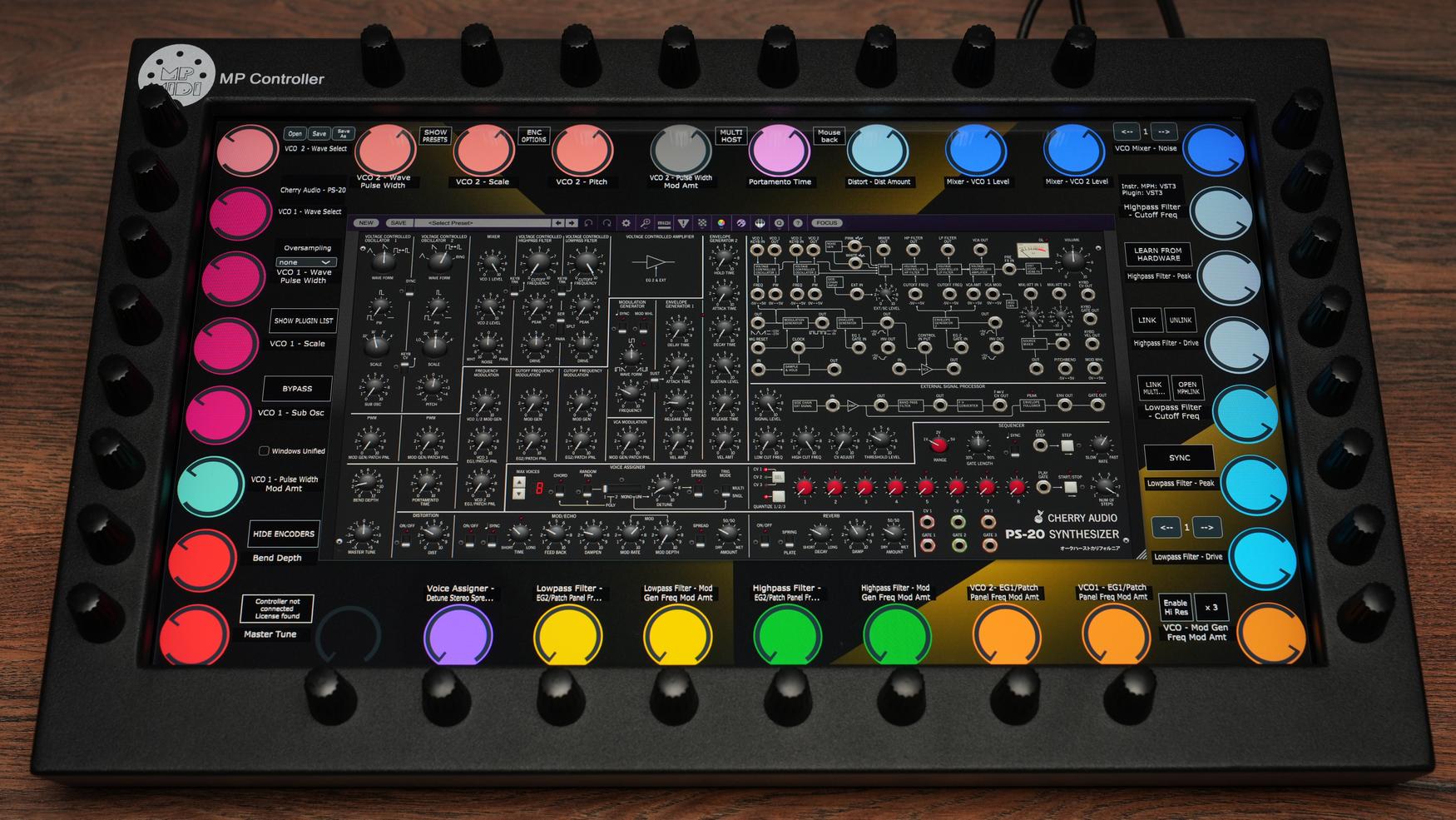 MP MIDI Controller with Cherry Audio PS-20 synthesizer showing hardware controls and touchscreen interface