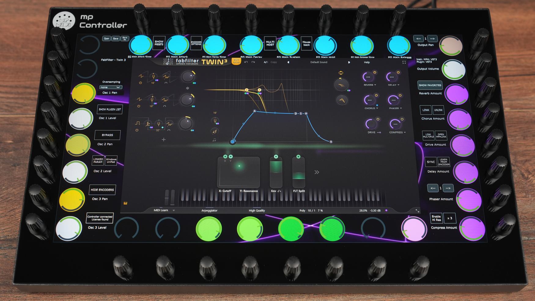 MP MIDI Controller with FabFilter Twin 3 synthesizer showing touchscreen interface and 32 endless encoders