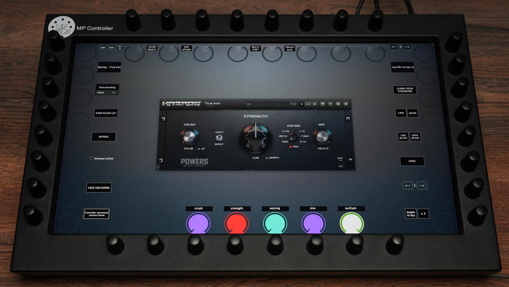MP MIDI Controller with touchscreen interface showing Kazrog True Iron plugin controls and 32 endless encoders