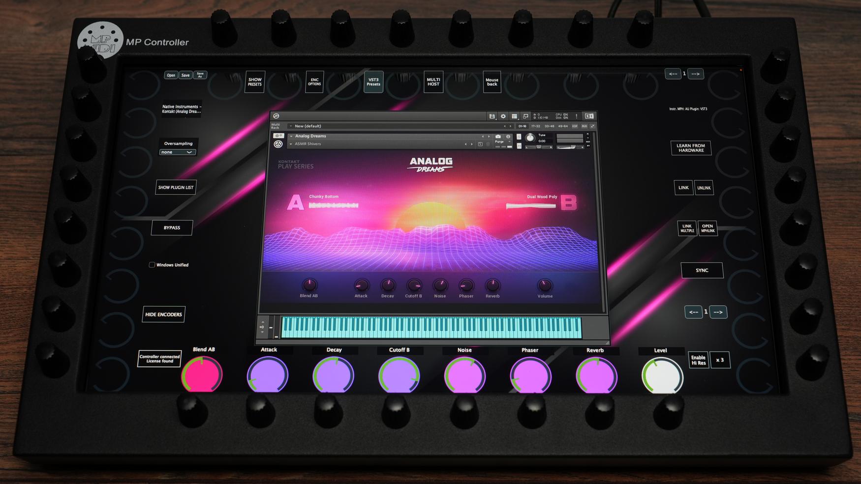 MP MIDI Controller with Native Instruments Analog Dreams plugin showing 32 encoders and full HD touchscreen interface