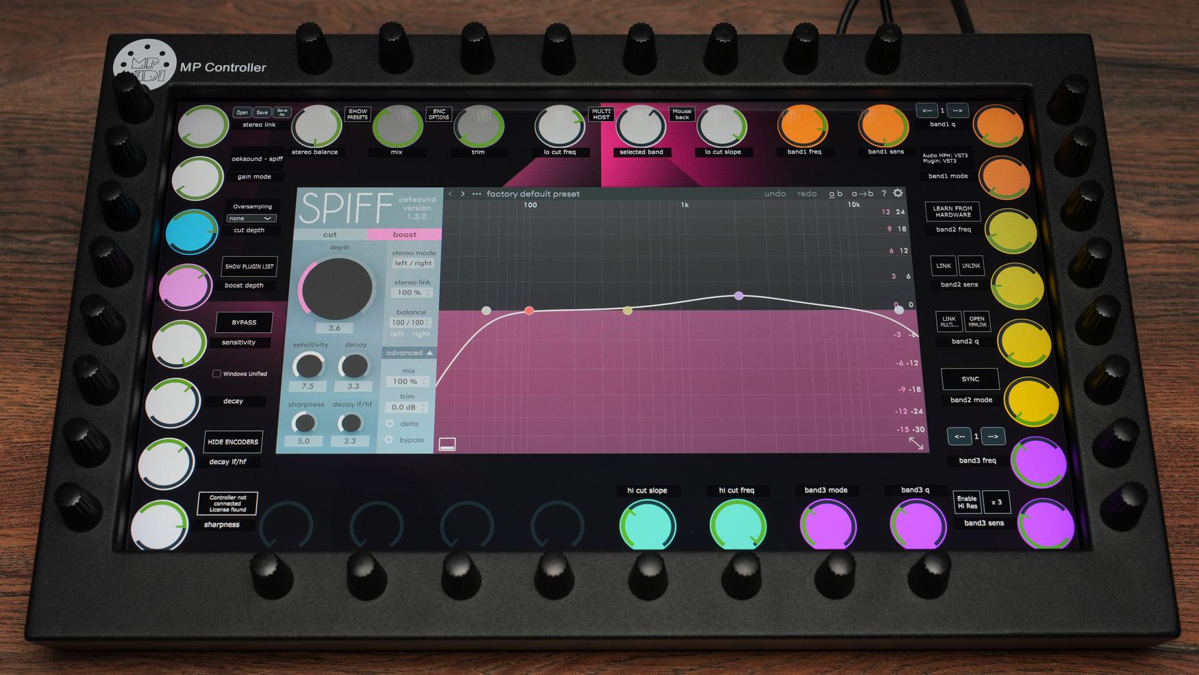 Oeksound SPIFF plugin on MP Controller showing precise transient and dynamic processing controls