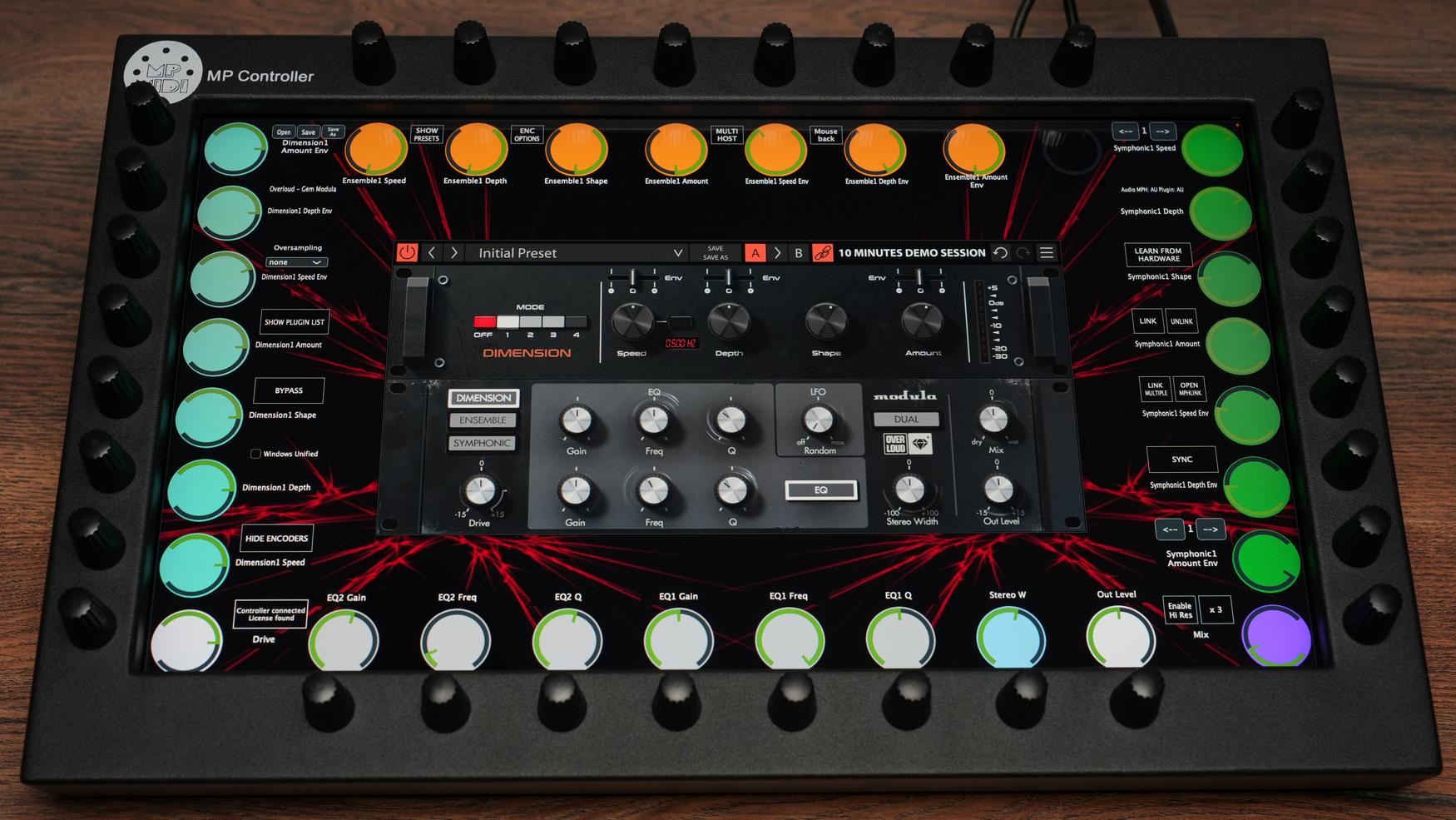 MP MIDI Controller with Overloud Gem Module plugin showing touchscreen interface and 32 endless encoders