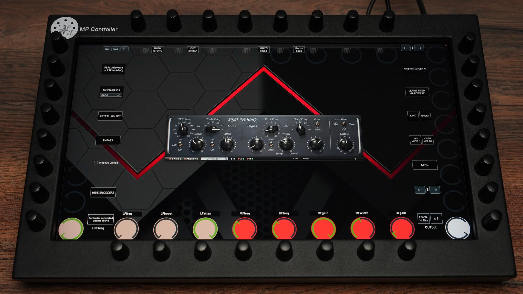 MP MIDI Controller with PSP Audioware NobleQ plugin showing high-quality encoders and touchscreen interface