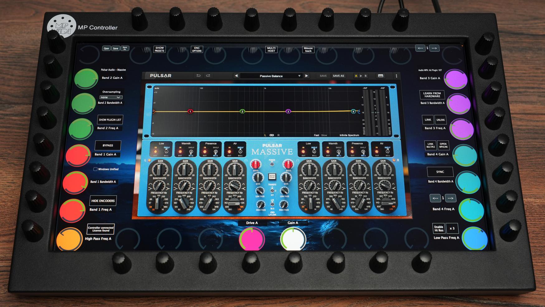 MP MIDI Controller displaying Pulsar Audio plugins with 32 precision encoders and full HD touchscreen