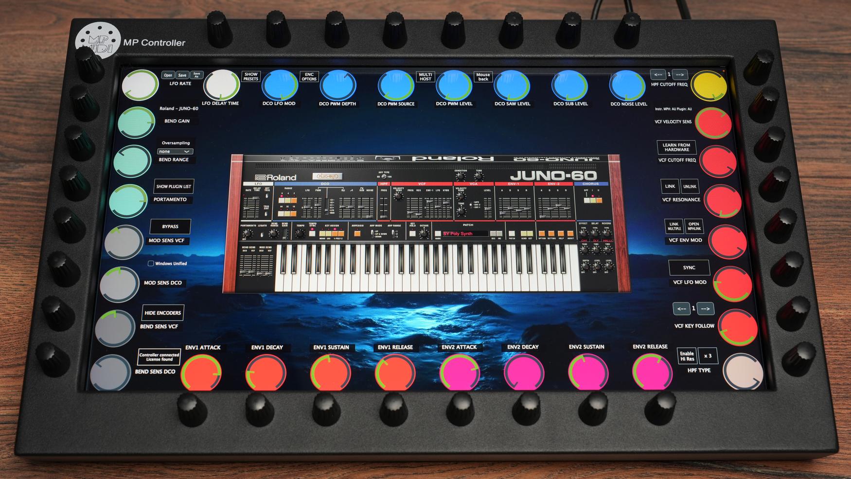 MP MIDI Controller with touchscreen interface showing Roland plugin controls and 32 endless encoders