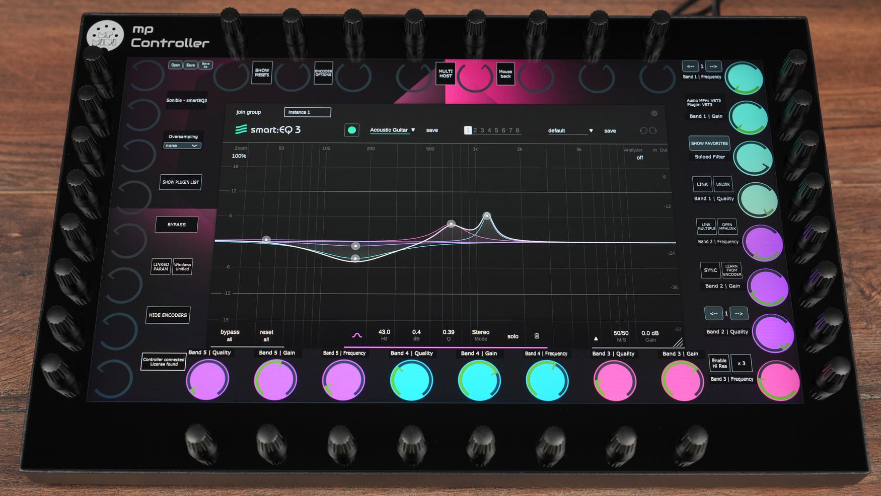 MP MIDI Controller with Sonible SmartEQ 3 plugin showing intelligent EQ processing with 32 endless encoders