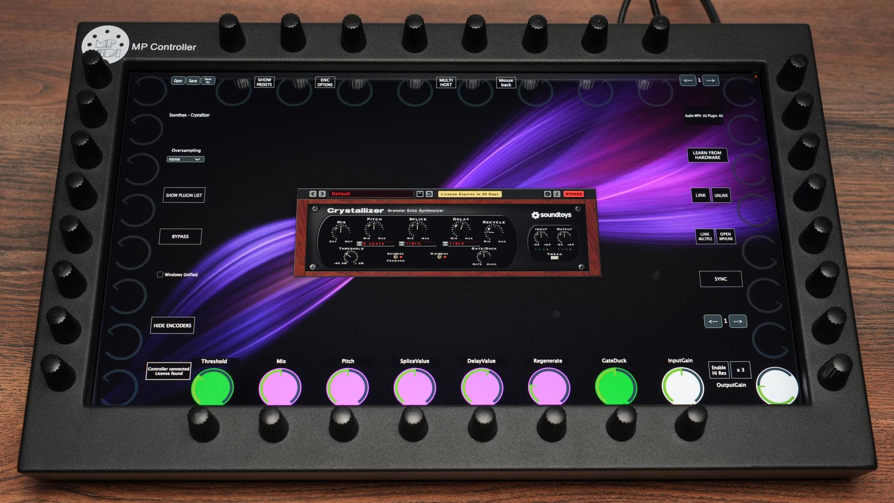 Soundtoys Crystallizer plugin on MP Controller showing pitch and delay parameter control