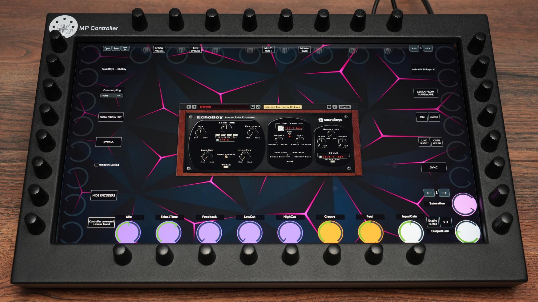Soundtoys EchoBoy plugin on MP Controller displaying classic delay controls
