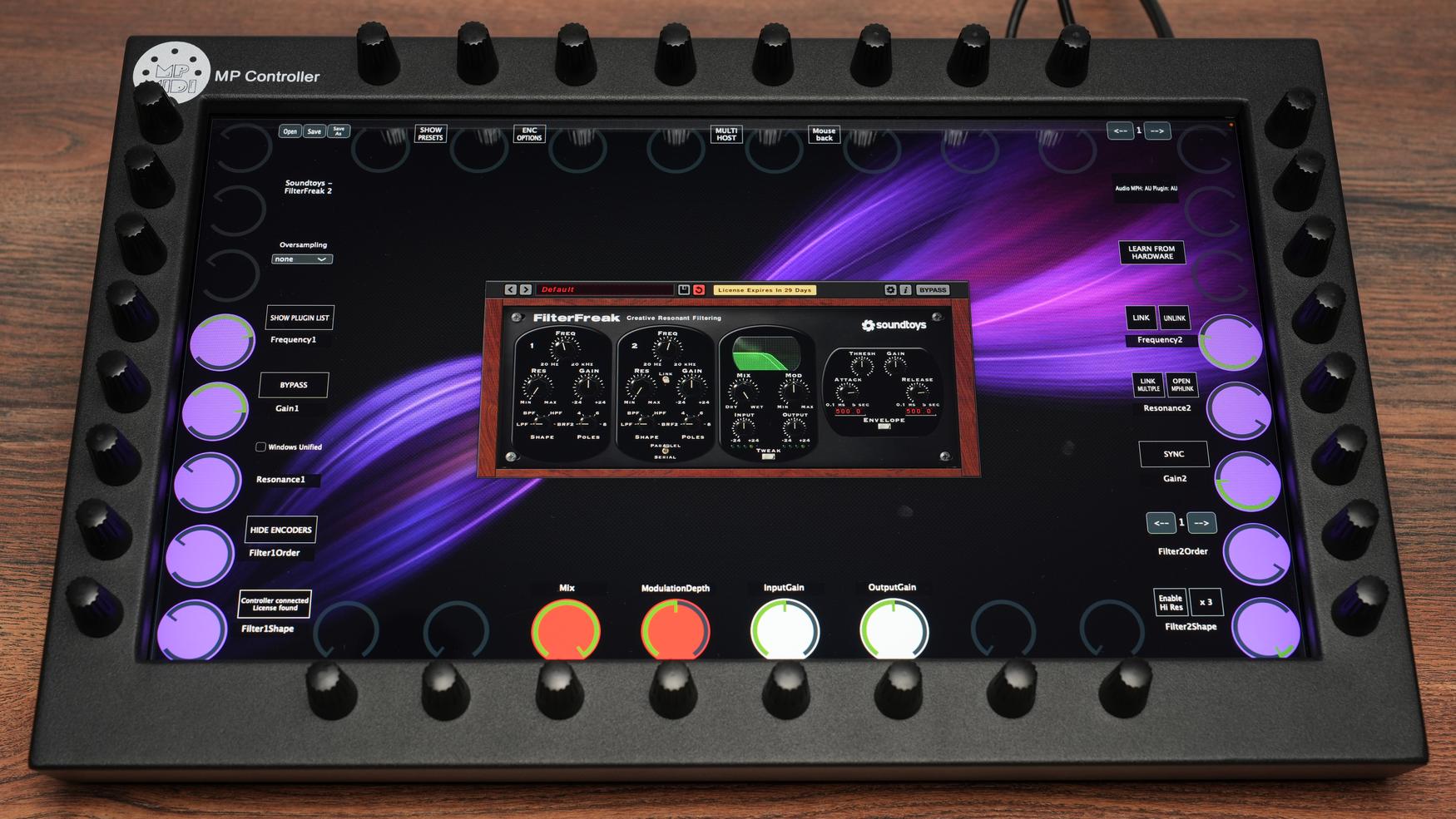 MP MIDI Controller with Soundtoys FilterFreak plugin showing real-time parameter control and visual feedback