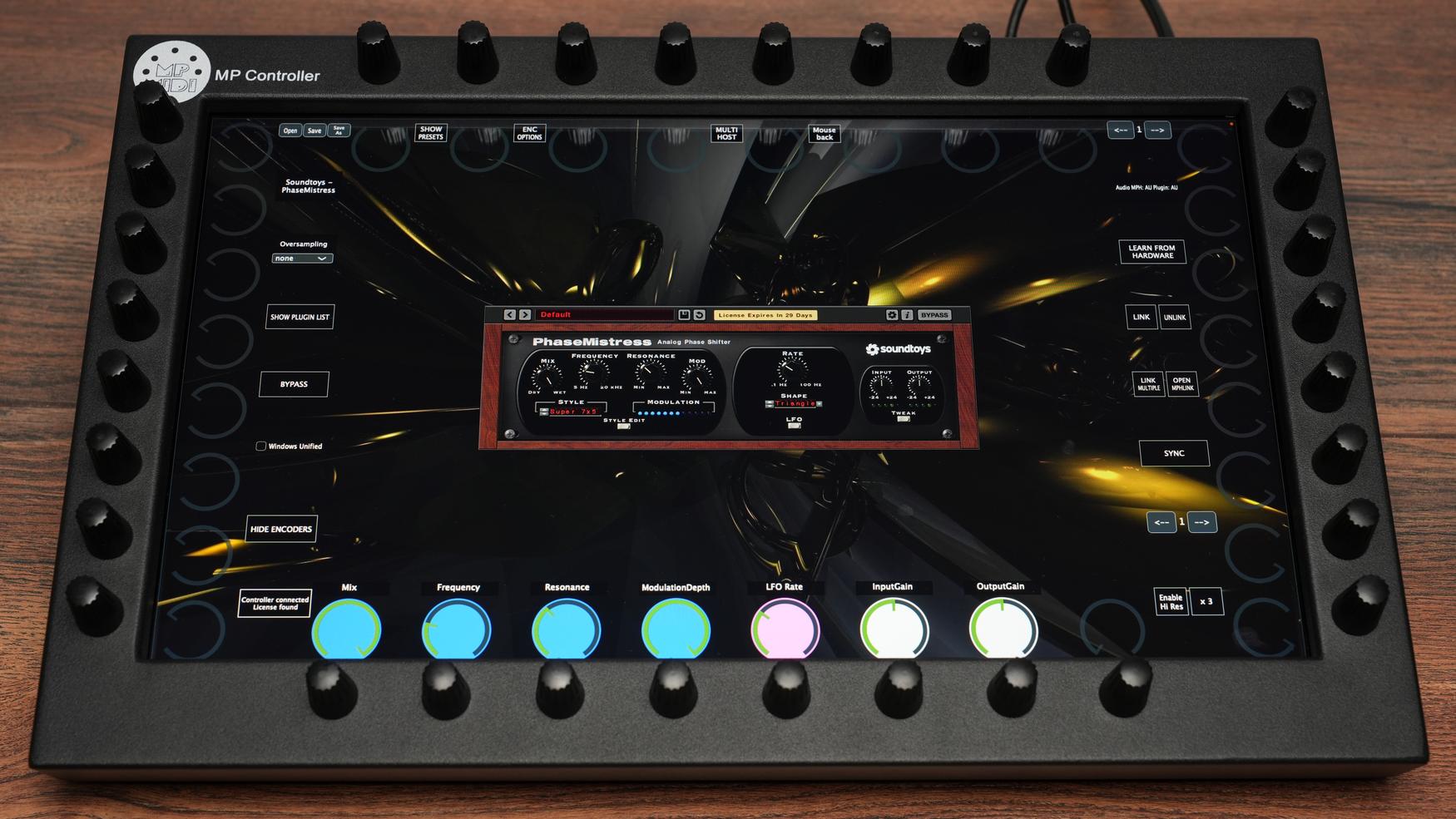 Soundtoys PhaseMistress plugin on MP Controller with phase modulation controls