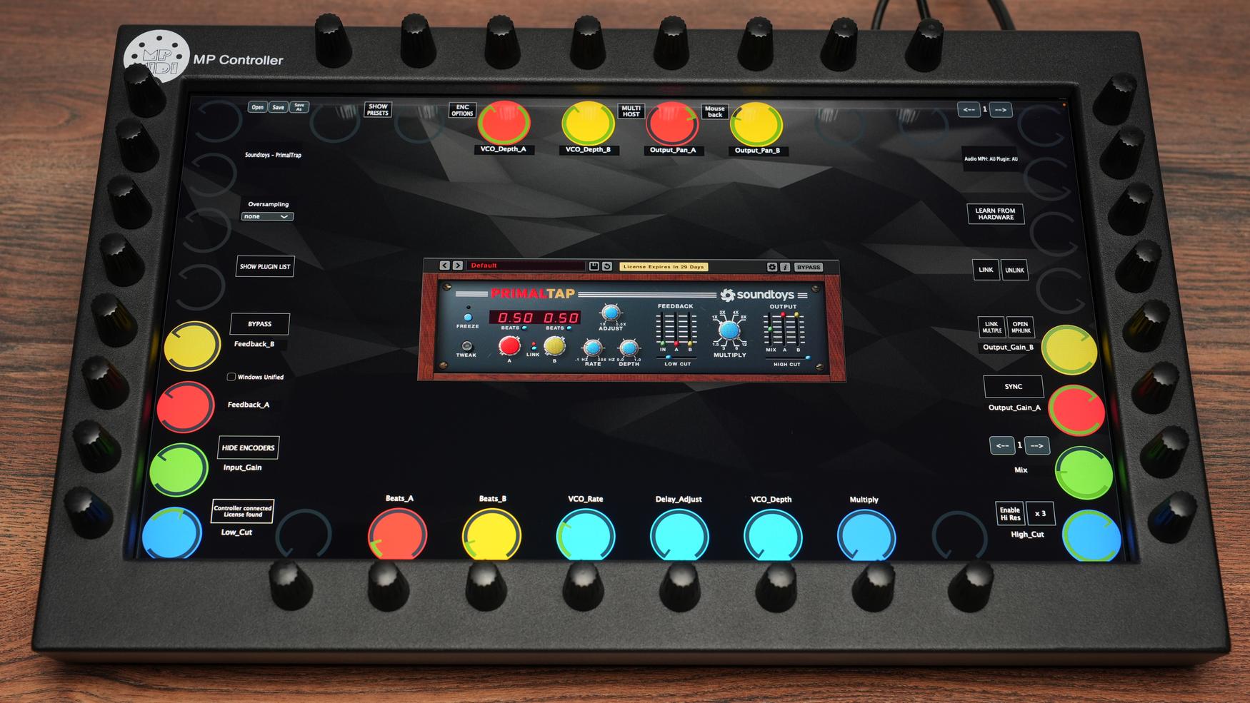 Soundtoys PrimalTap plugin on MP Controller showing vintage delay modulation