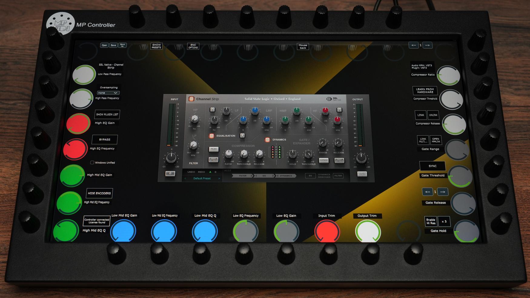 MP MIDI Controller with SSL Channel Strip plugin showing hardware encoders and touchscreen interface