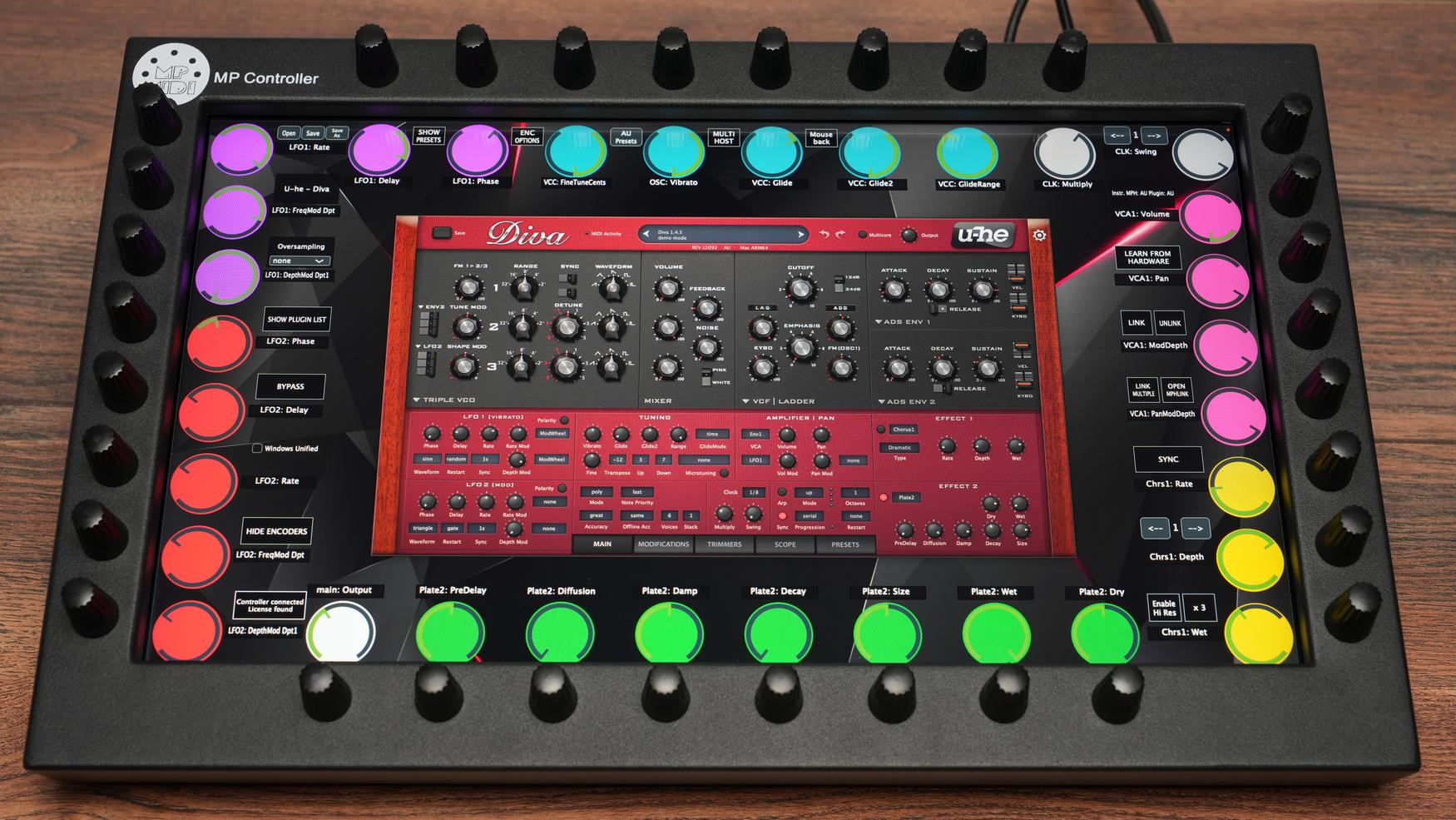 U-He Diva plugin on MP MIDI Controller with touchscreen interface and 32 precision encoders