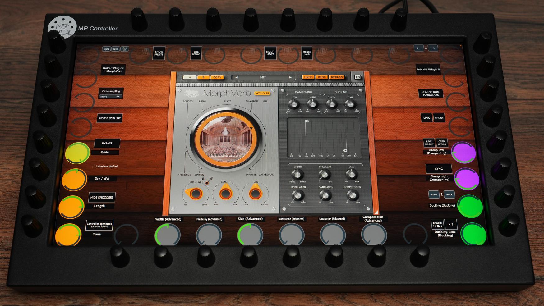 MP MIDI Controller with United Plugins Morphverb interface showing touchscreen controls and 32 high-quality encoders