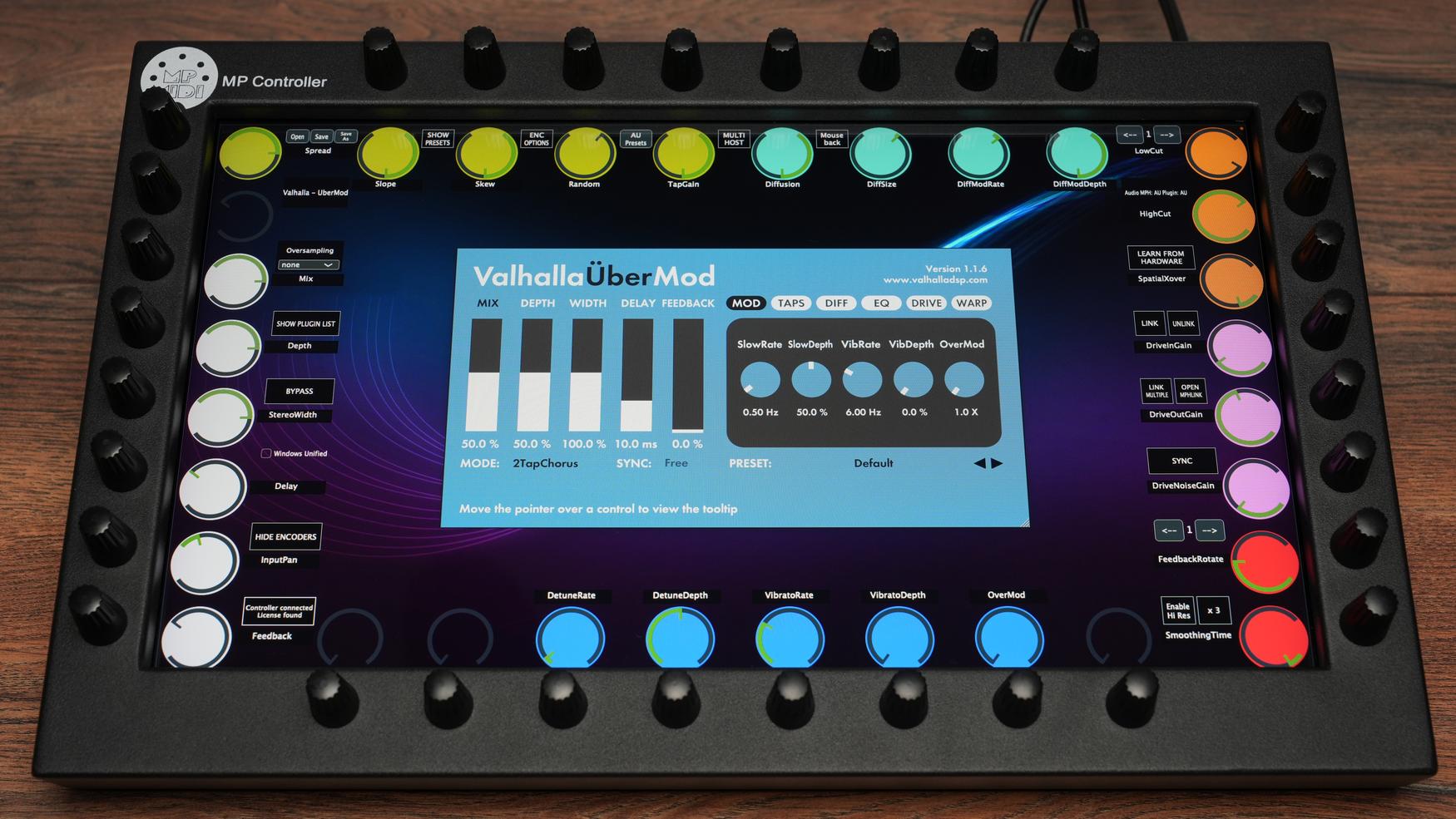 MP MIDI Controller with touchscreen interface showing Valhalla UberMod plugin controls and 32 endless encoders