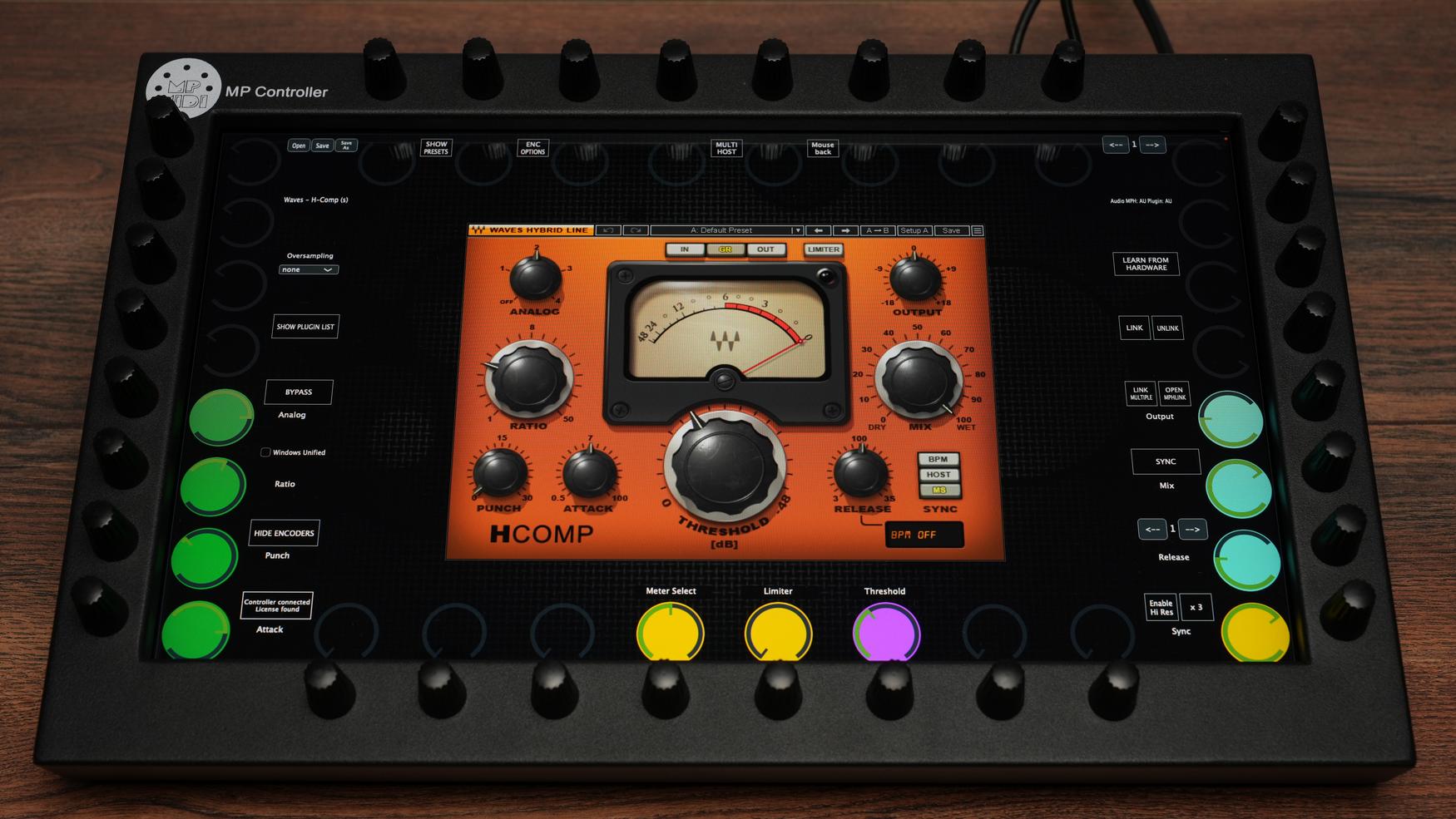 MP MIDI Controller with Waves plugin interface showing professional audio controls and visual feedback