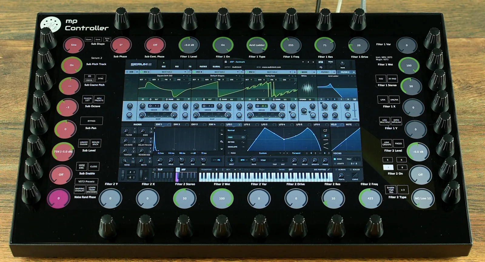 Xfer Serum running on the MP Controller's touchscreen with its parameters mapped across the 32 endless encoders