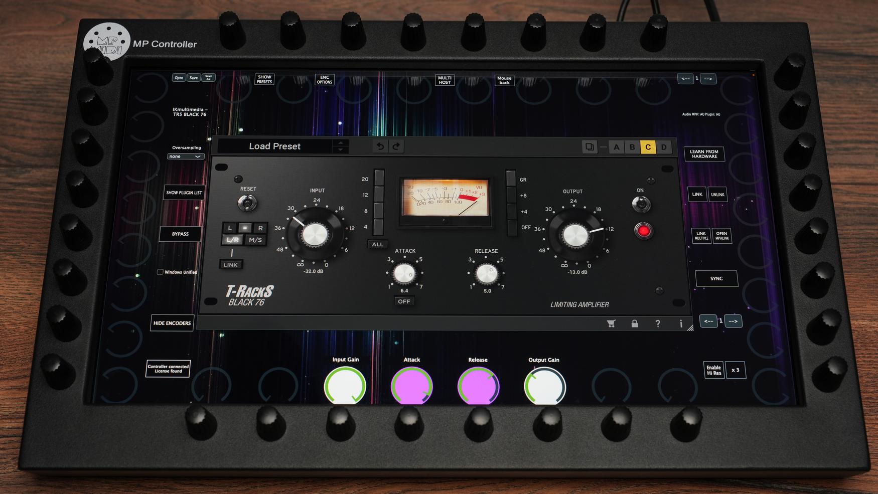 MP MIDI Controller with IK Multimedia Black 76 compressor plugin showing hardware controls and touchscreen interface